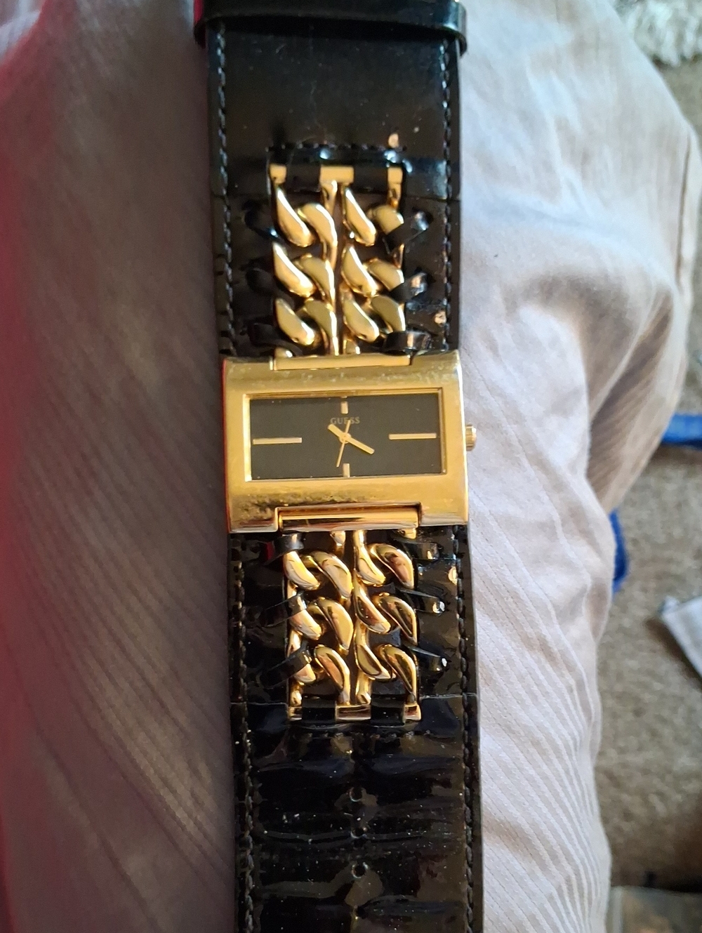 Guess Gold-Tone Watch with Black Dial and Patent Leather Strap